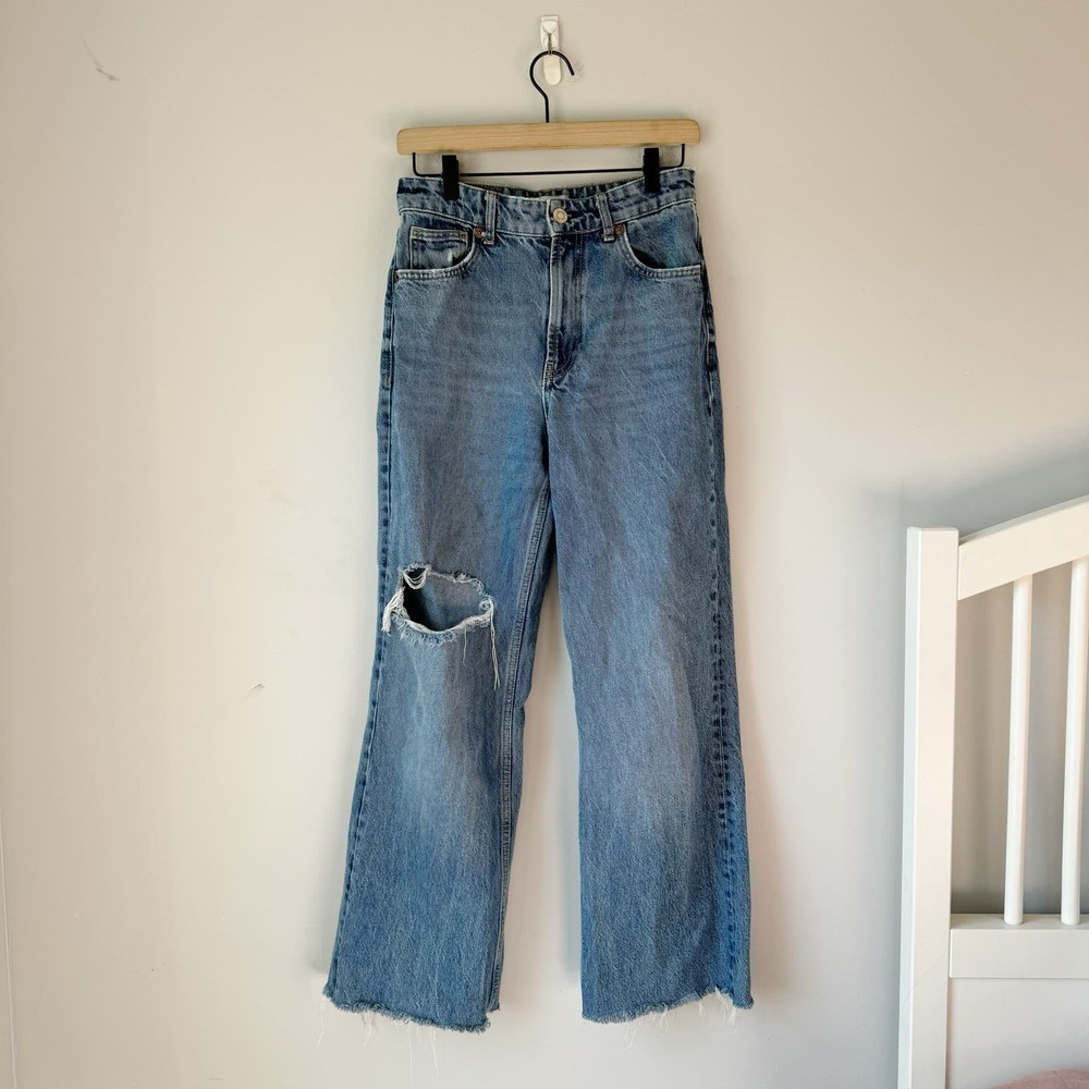 Zara Dark Wash Distressed 100% Cotton Rigid Denim Straight Raw Hem Size 4